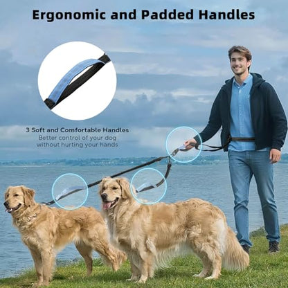 Hands Free Dog Leash, Waist Leash for Dog Walking 2 Dogs, Double Hands Free Lead with Detachable Waist Pad, Padded Handles, Shock Absorbing Bungee for Walking Jogging Hiking, Blue&Black
