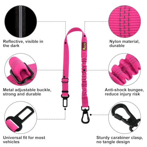 Plutus Pet Dog Seat Belt for Car, Adjustable Dog Car Harness with Carabiner Clip, Reflective Safety Dog Seatbelt Leash with Elastic Bungee, Hot Pink - color: Hot Pink