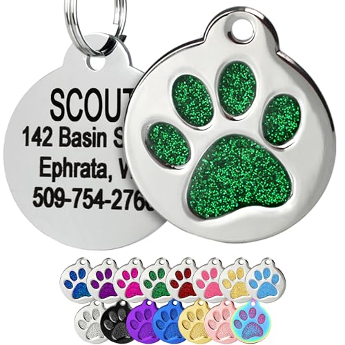 GoTags Paw Print Round Stainless Steel Pet Tag for Dogs and Cats, Personalized with 4 Lines of Custom Engraved ID Name and Number, in Stainless Steel and 15 Colors Small and Large, Glitter Green - color: Glitter Green, size: Small w/o Silencer