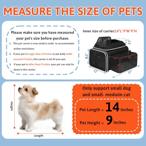 Petskd Top and Side Expandable Pet Carrier 17x12x8.5 Inches JetBlue Frontier Spirit Airline Approved, Soft-Sided Carrier for Small Cats and Dogs with Locking Safety Zipper and Anti-Scratch Mesh(Black) - color: Black, size: 17.0"L x 12.0"W x 8.5"H