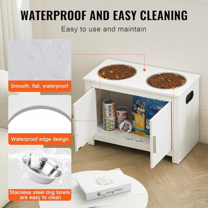 VEVOR Elevated Pet Bowls with Storage Cabinet, Feeding Station with 2 Raised Bowls, Wooden Stand with Handles & Magnetic Doors, Pet Feeder & Toy Organizer, White - size: 23.62x11.81x17.32 inch