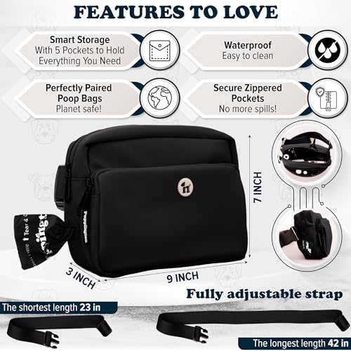 Puppington 3-in-1 Crossbody Dog Walking Bag & Treat Pouch with Matching Planet Safe Poop Bags & Built-In Dispenser - Dog Mom Gift for Puppy Training with Zippered Pockets (Onyx Black) - color: Onyx Black