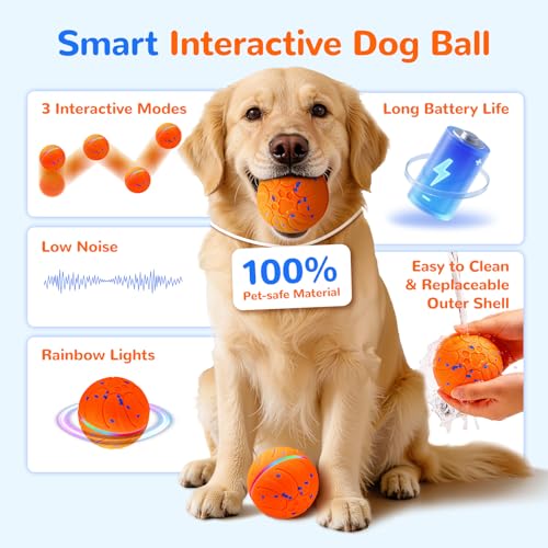 Smart Interactive Dog Toys Automatic Moving Dog Ball, Orange | ETPU New Material, Motion Activated Rolling & Rotating, For Medium & Large Dogs, Enrichment & Stimulation