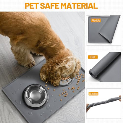 Hubulk Dog Feeding Mat,100% Waterproof Food Grade Silicone Pet Food and Water Bowl Placemat,Dishwasher, High Raised Edge to Prevent Spills,Nonslip Tray to Stop Messes on Floor (24"x16"x0.5", Grey) - color: Grey, size: 24"l X 16"w