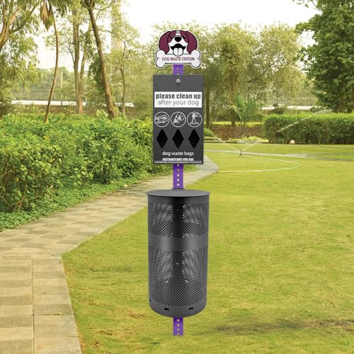 Rust-Proof, Aluminum Dog Pet Waste Station Outdoor. Poop Bag Dispenser, Cute Purple Dog Sign & Post, Large Lidded Trash Can, 400 Bags & 25 Can Liners. Purple & Black - color: Purple | Matte Black
