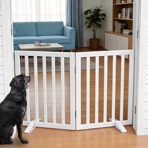 ZJSF Freestanding Indoor Dog Gate for House Foldable Wood White Puppy Gate for Doorways Pet Gate for Stairs Extra Wide Pet Fence 24" Height 2 Panels - color: White, size: 【2 Panels】40''w x 24''h