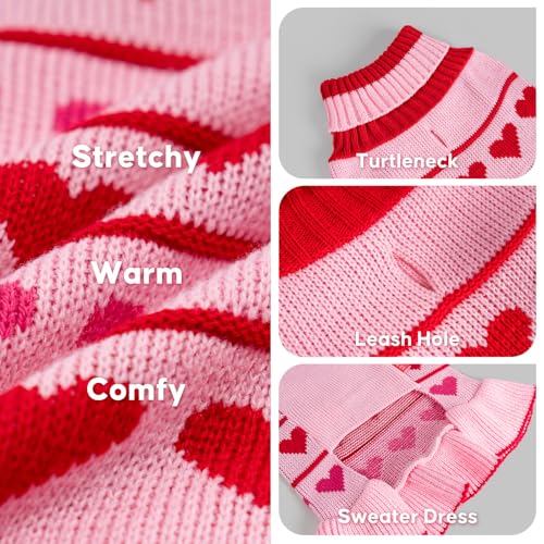 KYEESE Valentines Dog Sweater, Soft Turtleneck Dog Sweaters for Small Dogs, Stretchy Pullover Small Dogs Sweater, Warm Pet Sweaters Dress with Heart Print, Comfy Pet Clothes Coat with Leash Hole, S - color: 00# Red Love Design, size: Small (3-6lbs)