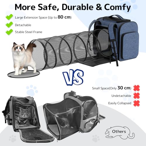 Cat Carrier Backpack with Detachable Play Tunnel, 2 in 1 Cat Tunnel Backpack Suitable for Carrying & Playing, Expandable Pet Carrier for Small Medium Kitten Puppy, Suitable for Travel Hiking Camping - color: Blue+Tunnel