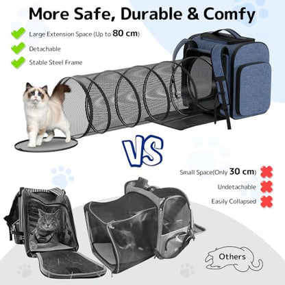 Cat Carrier Backpack with Detachable Play Tunnel, 2 in 1 Cat Tunnel Backpack Suitable for Carrying & Playing, Expandable Pet Carrier for Small Medium Kitten Puppy, Suitable for Travel Hiking Camping - color: Blue+Tunnel
