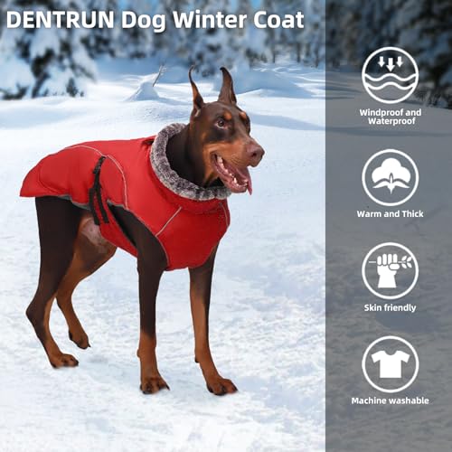 DENTRUN Warm Dog Winter Coat, Easy On Reflective Turtleneck Fleece Jacket | Adjustable buckle, easy on off, windproof & water-repellent, thick fleece snowsuit, outfit fits small to large breeds - color: Red, size: Medium