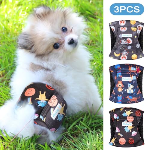 Paw Legend Washable Dogs Diapers Male Dog Belly Bands for Male Dogs Diapers Reusable Puppy & Doggie Diapers Male (3 Pack, Small) - color: Dog Pattern, size: Small