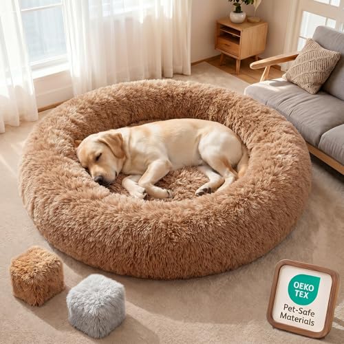 Premium Donut Dog Bed,Dual Memory Foam Orthopedic XXXL Dog Beds for Extra Large Dogs,Thick Cooling Gel Fluffy Calming Pet Couch with Removable Waterproof Washable Cover,54 Inch,Camel - color: Camel, size: 54"x54"x8.6"