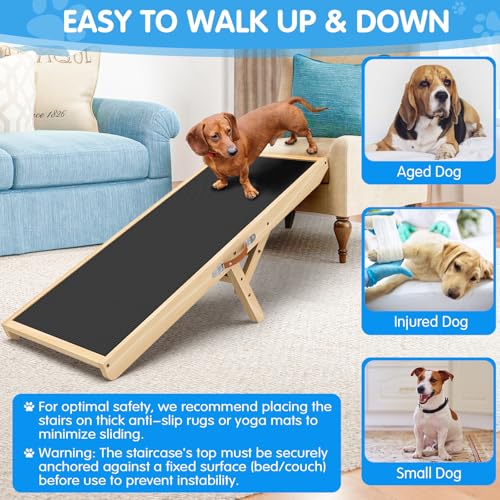 Dog Ramp for Couch with Non-Slip Silicone Mat, 39" Wooden Pet Ramps for Small Dogs, Hold up to 100lb, Adjustable Height from 11.41" to 20.47", Portable Stable Pet Step for Sofa Stairs - size: 39.37"L x 15.75"W x 1.97"H