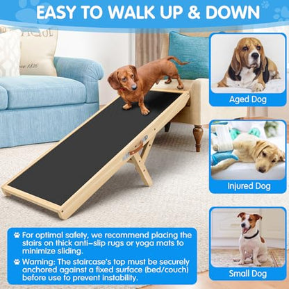 Dog Ramp for Couch with Non-Slip Silicone Mat, 39" Wooden Pet Ramps for Small Dogs, Hold up to 100lb, Adjustable Height from 11.41" to 20.47", Portable Stable Pet Step for Sofa Stairs - size: 39.37"L x 15.75"W x 1.97"H