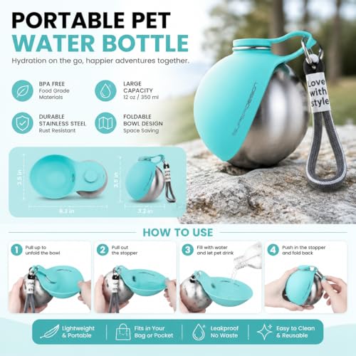 Portable Dog Water Bottle 10oz – Stainless Steel Travel Puppy Water Dispenser with No-Spill Bowl for Walking Hiking Small Dogs Outdoor (Blue) - color: Blue