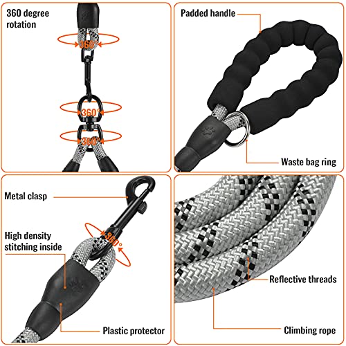 Double Dog Leash Reflective Detachable Coupler &360° Swivel Tangle Free, Heavy Duty Rope Leash Control with Padded Handle for Dual Large Medium Dogs Walking Running Training (Silver) - color: Silver