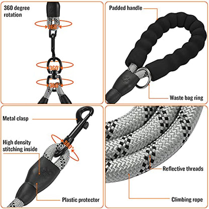 Double Dog Leash Reflective Detachable Coupler &360° Swivel Tangle Free, Heavy Duty Rope Leash Control with Padded Handle for Dual Large Medium Dogs Walking Running Training (Silver) - color: Silver
