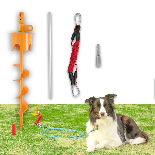 Dog Stakes for Outside Heavy Duty Hold up to 350Lbs Large Dogs Tie Out Tether Leash Chain for Yard Screw in Ground Anchors Set 17 inch with Buffer Rope - color: Orange－Gradient Spiral, size: 17IN (Only Stake)