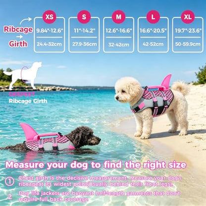 Dog Life Jacket,Shark Pattern High Buoyancy Adjustable Swim Vest with Rescue Handle,D-Ring&Reflective Strips for Boating Swimming Beach (Shark Pattern/Orange, X-Large)