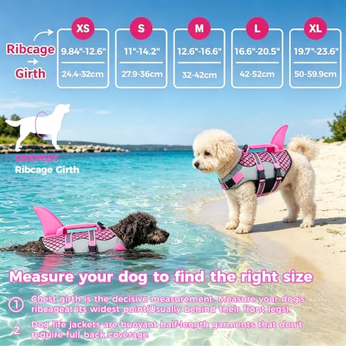 Dog Life Jacket,Shark Pattern High Buoyancy Adjustable Swim Vest with Rescue Handle,D-Ring&Reflective Strips for Boating Swimming Beach (Fish Scales/Rose red, X-Small)