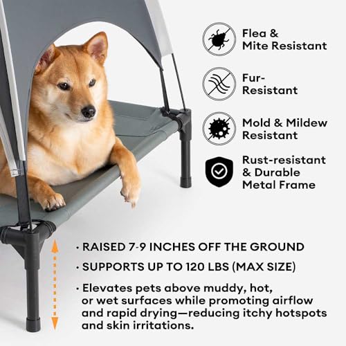 FUNNY FUZZY Elevated Cooling Dog Bed with Canopy(30"x24"x7") – Dog Cot Bed for Small,Medium Dogs with UV Shade, Breathable Mesh for Cooling, Indoor & Outdoor Use for Dogs up to 120 lbs