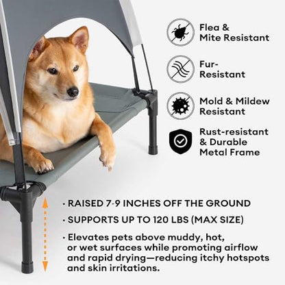 FUNNY FUZZY Elevated Cooling Dog Bed with Canopy(30"x24"x7") – Dog Cot Bed for Small,Medium Dogs with UV Shade, Breathable Mesh for Cooling, Indoor & Outdoor Use for Dogs up to 120 lbs
