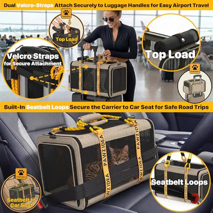 PAWZIDEA Expandable Pet Carrier Airline Approved, 18"×11"×11" Small Dog Carriers, Collapsible Top-Load Cat Carrier for 2 Cats Under Seat, Soft-Sided Puppy & Animal Travel Bag, ID Card, Up to 15lbs - color: Khaki Plaid, size: 18.0"L x 11.0"W x 11.0"H