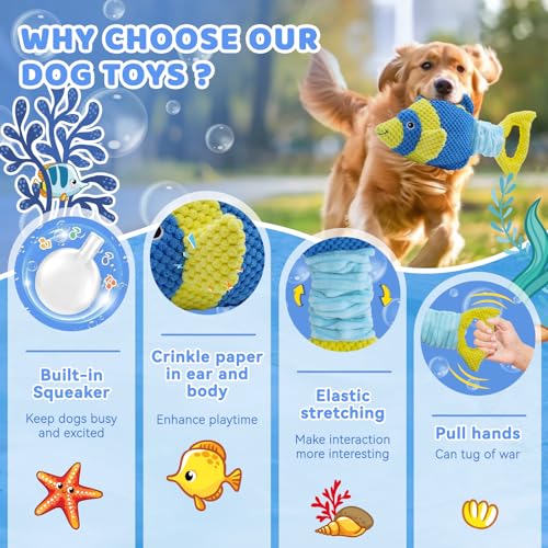 YZHDUXIU Fish Dog Squeak Toys, Elastic Band Tug of War Dog Toy with Crinkle | Plush fish with squeaker & crinkle fins; stretchy elastic band; soft PP cotton; gentle on teeth; for puppies medium adults - color: Blue Yellow Fish