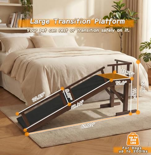 61" Dog Ramp for Bed with Rest Platform & Glow Strips, 20° Gentle Slope, EVA Non-Slip Surface, Removable Safety Rails, Birchwood Solid Wood, for Small, Large & Senior Dogs, Joint Protection, Brown - size: 61"L x 20"H x 15.7"W
