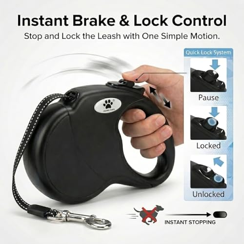 16ft Retractable Dog Leash for Large Breed Dogs up to 110 lbs with a Detachable Chew Proof Extender Wire Ropes (Black L) - color: Black, size: Large