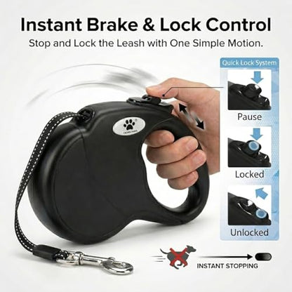 16ft Retractable Dog Leash for Large Breed Dogs up to 110 lbs with a Detachable Chew Proof Extender Wire Ropes (Black L) - color: Black, size: Large