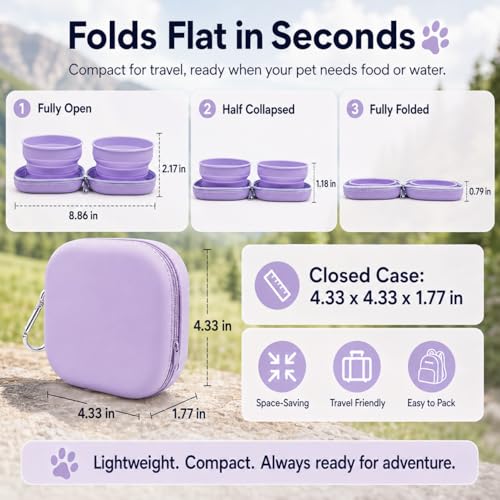 Portable Dog Bowl, Collapsible 2-in-1 Travel Dog Bowls with Carabiner Clip, Silicone Double Pet Food and Water Dish for Outdoor Camping and Hiking (Purple) - color: Purple