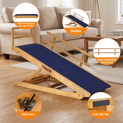 Dog Ramp - 7 Adjustable Heights, Portable with Leather Handle, Anti-Slip Design for Beds, Couches & Cars - Perfect for Small & Large Dogs - size: 115 CM LONG with Guardrails