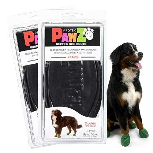 PawZ Rubber Dog Boots for Large Paws - All-Weather Waterproof Dog Shoes, Anti-Slip Traction for Rain, Snow, Mud & Hot Pavement - Pull-On Dog Booties, Black - X-Large (4" +) - Pack of 24 - size: XL
