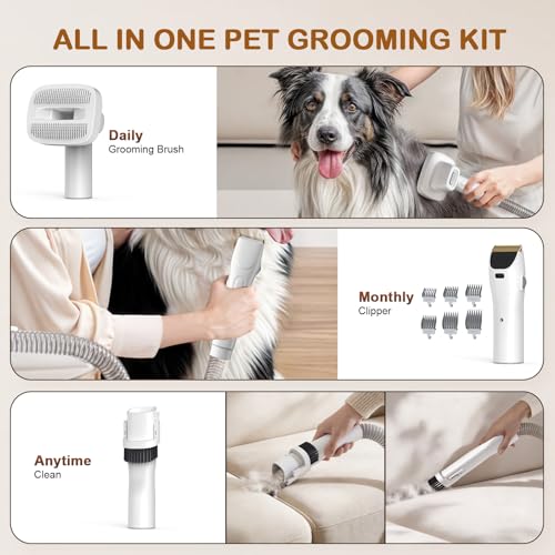 Dog Grooming Kit, 3 Suction Modes Dog Brush Vacuum with 6 Pet Grooming Tools (Eggshell) - color: Eggshell