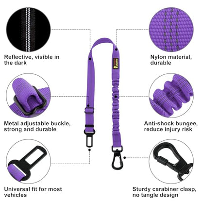 Plutus Pet Dog Seat Belt for Car, Adjustable Dog Car Harness with Carabiner Clip, Reflective Safety Dog Seatbelt Leash with Elastic Bungee, Purple - color: Purple