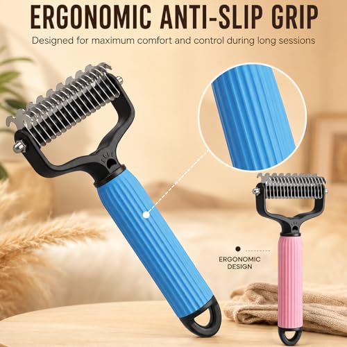 2 Pcs Pet Grooming Brush, Double Sided Undercoat Rake & Dematting Comb for Dogs and Cats, Detangling Tool for Matted Fur, Ideal for Medium or Long Haired Breeds (Blue+Pink, Large)