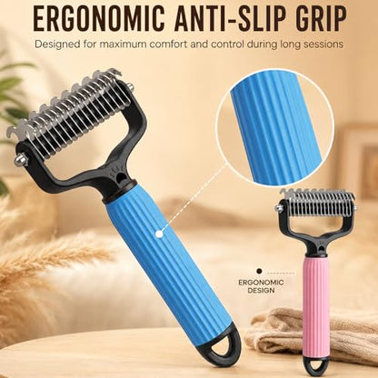 2PCS Pet Pro Grooming Tool, Dematting Comb for Dogs and Cats, Double Sided Undercoat Rake Pet Brush with 17 Teeth, Removes Tangles Knots and Loose Fur (Blue+Pink, Large)