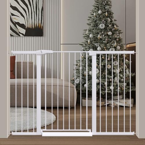 Fairy Baby 38" Extra Tall Baby Gate for Stairs Doorways, Extra Wide 54.4" to 59.8" Safety Dog Gate for House, Auto Close Pressure Mounted Easy Walk Through Pet Gate with Door, White - color: White, size: 54.4"-59.8"