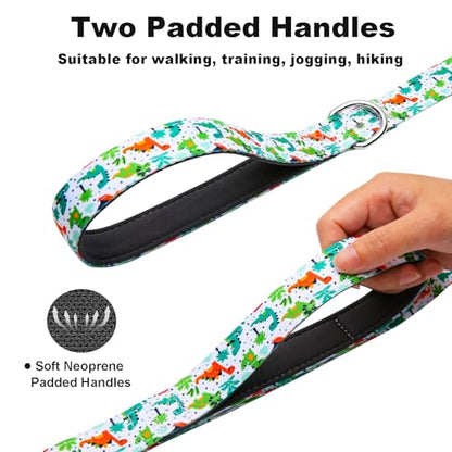 4 Foot Dog Leash for Medium Large Dogs, Double Handle Dog Leash with Padded Traffic Control Handles, Walking Training Lead, Dinosaur - color: Dinosaur, size: 1 in x 4 ft