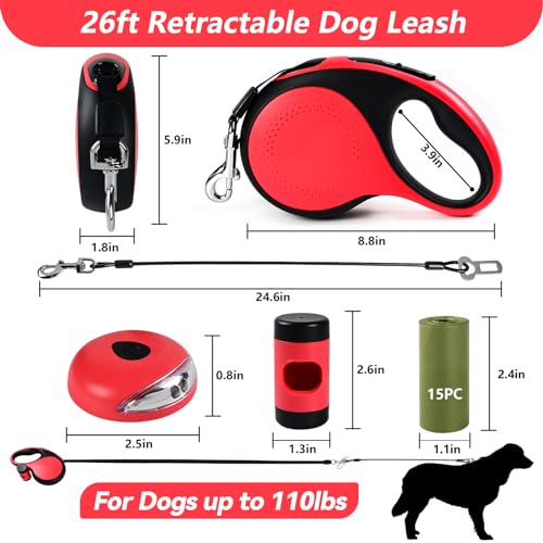 Heavy Duty Retractable Dog Leash for Large Dogs, 26ft Dog Leash with Poop Bag Holder, Up to 110lbs, chew Proof Cable, LED Light, 360° No-Tangle, One-Handed Pause & Locked (Red, L 26ft) - color: Red
