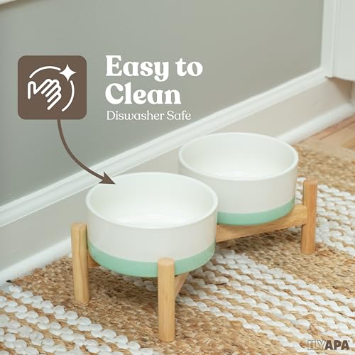 Ilyapa Ceramic Dog Bowls - Elevated for Medium Sized Pet with Raised Food and Water Set - Green Double 6 inch, 28 Oz Bowls & 13x6.3x5.5 Wooden Stand - color: Green