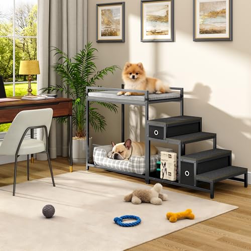kepptory Pet Bunk Bed with Stairs and Storage, Dog Beds Attachment to Human Bed, Bedside Dogs Cot for Small, Medium Cats & Dogs, Pet Window Perch (Grey) - color: Grey