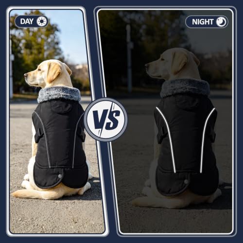 DENTRUN Warm Dog Winter Coat, Easy On Reflective Turtleneck Fleece Jacket | Adjustable buckle, easy on off, windproof & water-repellent, thick fleece snowsuit, outfit fits small to large breeds - color: Black, size: Large