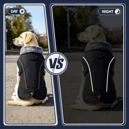 DENTRUN Warm Dog Winter Coat, Easy On Reflective Turtleneck Fleece Jacket | Adjustable buckle, easy on off, windproof & water-repellent, thick fleece snowsuit, outfit fits small to large breeds - color: Black, size: Large