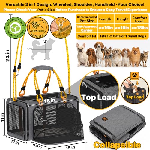 PAWZIDEA Expandable Pet Carrier Airline Approved, 18"×11"×11" Small Dog Carriers, Collapsible Top-Load Cat Carrier for 2 Cats Under Seat, Soft-Sided Puppy & Animal Travel Bag, ID Card, Up to 15lbs - color: Mid-Hemp Gray, size: 18.0"L x 11.0"W x 11.0"H