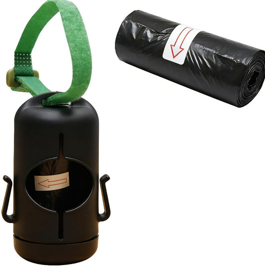 Cylindrical Dog Poop Bag Dispenser with Carrying Strap, Poop Bag Holder for Leash with Side Hooks, Pet Waste Management Solution with Biodegradable Bags (Black)