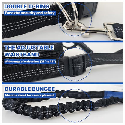 Hands Free Dog Leash with Waist Belt & Large Zipper Pouch, Waist Leash for Dog Walking, Running & Hiking, Reflective Stitching & Dual Padded Handles, Ideal for Medium to Large Dogs (Black Blue) - color: black blue