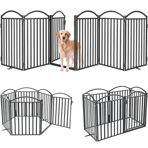 Malier Metal Freestanding Dog Gates with Door, 32'' Height Outdoor Indoor Dog Fences, Extra Wide Foldable Puppy Gate Free Standind Tall Pet Gate for Stairs, Hallways, Doorways, Yard (Black 6 Panels) - color: Black, size: 【6 Panels with Door】144''W × 32''H