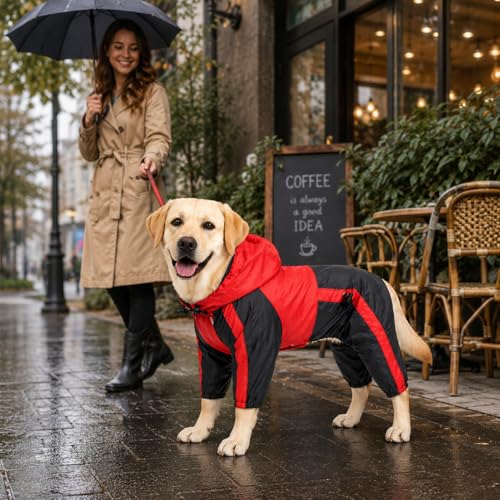 Lovelonglong Dog Hooded Raincoat, Large Dog Rain Jacket Poncho Waterproof Clothes with Hood Breathable 4 Feet Four Legs Rain Coats for Small Medium Large Pet Dogs Red L-XS - color: Red, size: L-XS (Medium Dog ~20lbs)